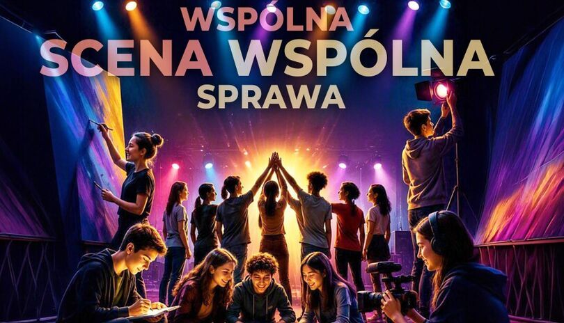 Grafika: wspólna scena wspólna sprawa, na dole grupa uśmiechniętych młodych osób